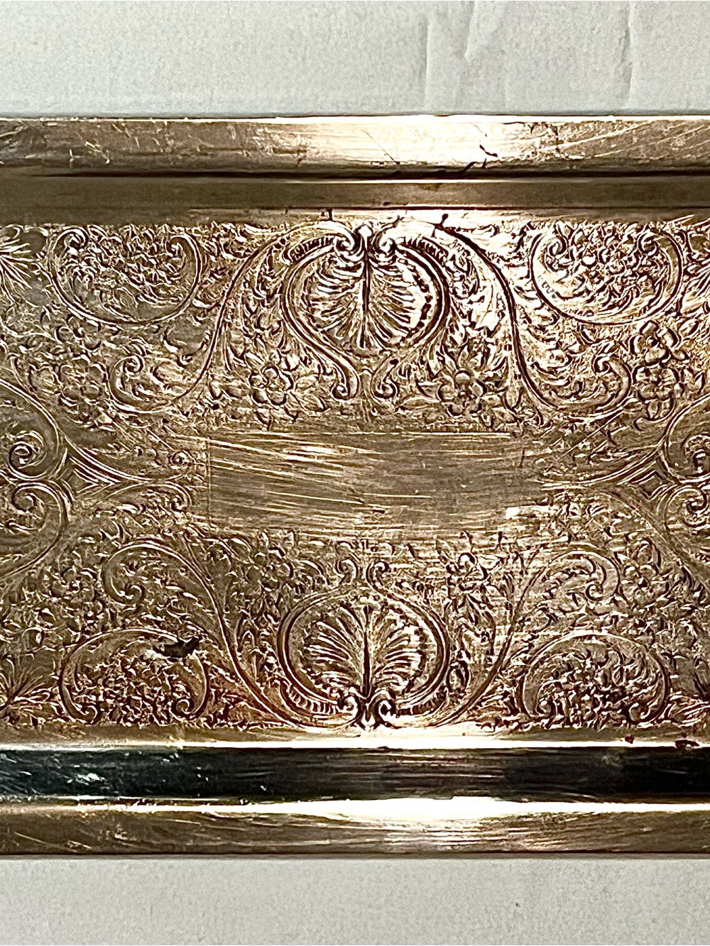Ornate Silver On Copper Embossed Decorative Rectangle Tray